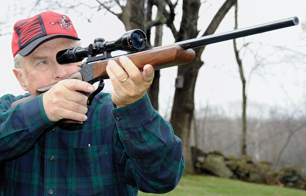 Trzoniec is shown with the “test bed” Contender rifle and barrel chambered for the .219 Zipper. Scopes stay mounted on each barrel allowing interchangeability in the field.